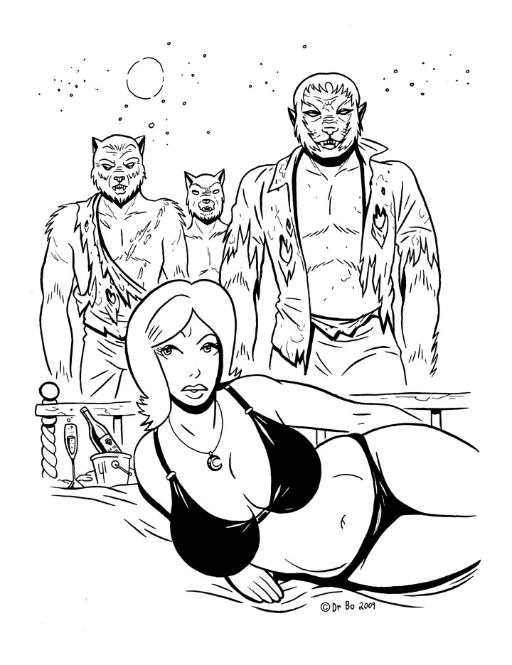 Curvy pinup with 3 werewolves