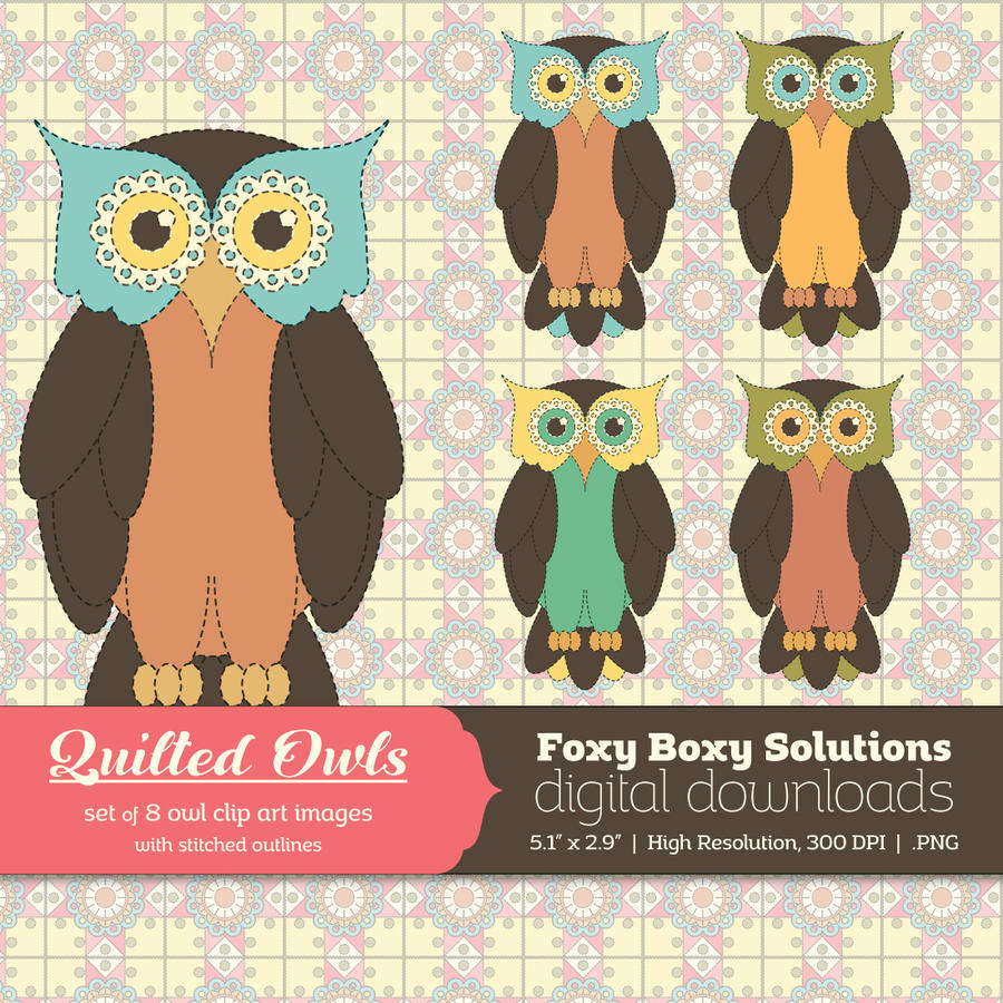 Quilted Owls Clip Art Set of 8 Colorful Owls
