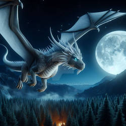 A moon dragon with silver scales and glowing eyes