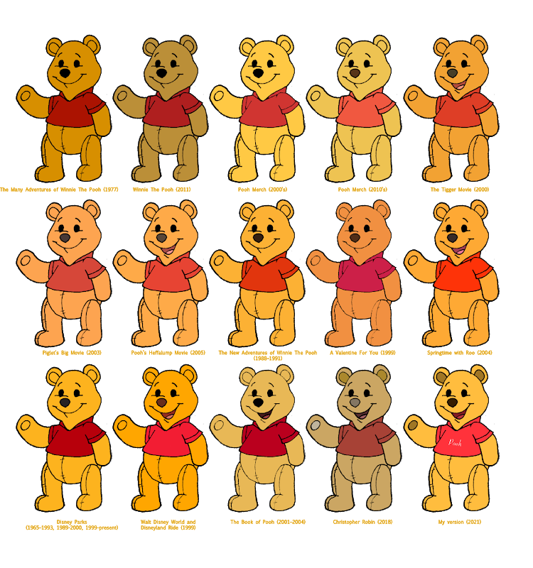 Pooh Color schemes over the years (Read Disc.) by RJToons on DeviantArt