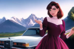 1980s Car, Mountains  In Background, Woman Wearing