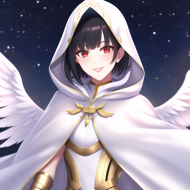 Anime character with curly black hair, golden wings, and silver eyes
