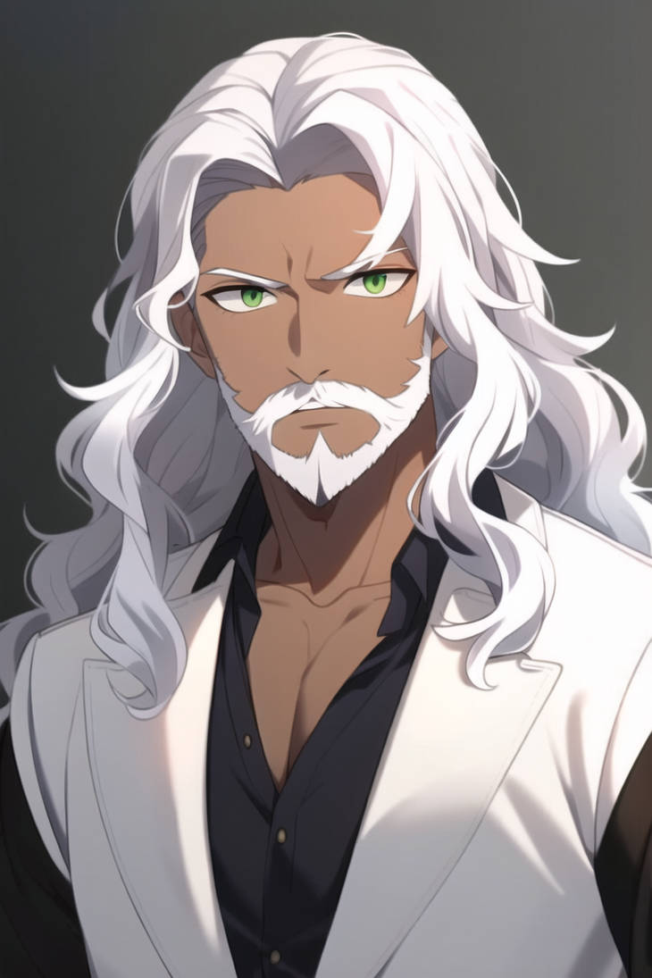 Man with wavy white hair, green eyes, brown skin, by VARM209 on DeviantArt