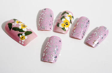 White flower on pink background. Nail enhancement,