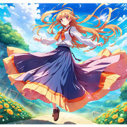 Anime girl in long skirt, skirt in the wind, float