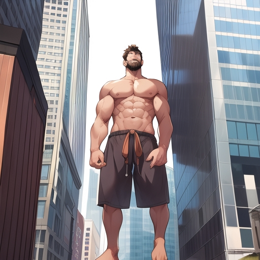 Anime style)A giant 600-foot-tall extremely mascul