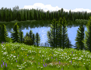 Digitial Watercolor Lake and Pines