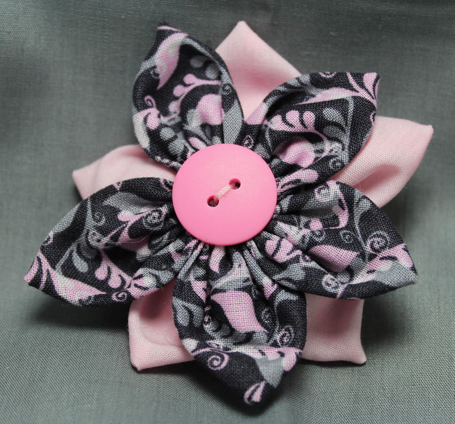 Pink and Grey Fabric Flower Hair Barrette