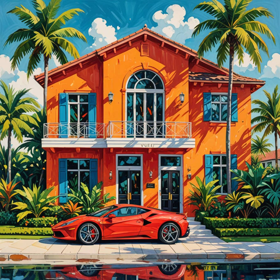 Summer Miami Mansion with Red Super car by aiartcreatorco on DeviantArt