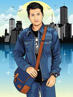 The boy with jeans jacket and bag in city vector