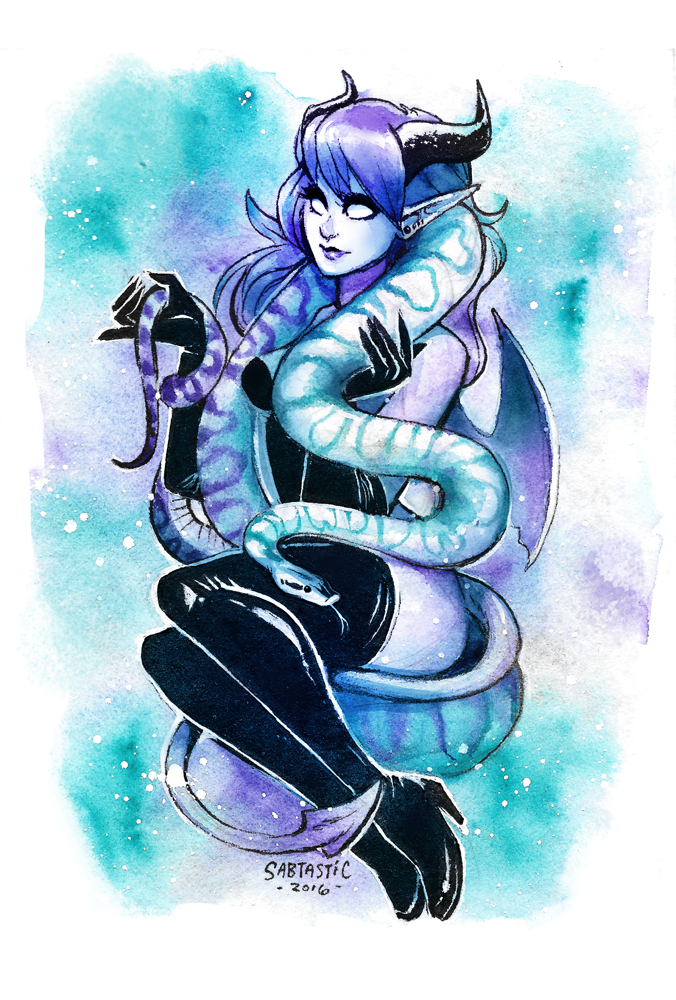 Monster Girl with Ball Python - Watercolor