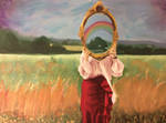 a painting of a gay lady in a field