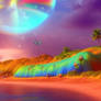 Tropical beach with rainbow and butterflies