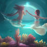 Mermaids holding hands under the sea in a tunnel