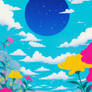 Floral wallpaper with blue moon