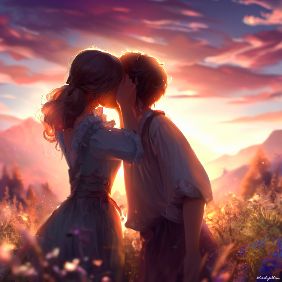 Kissing Couple with Sunset Background by AkenoSenpaii on DeviantArt