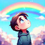 Chibified boy looks up at rainbow