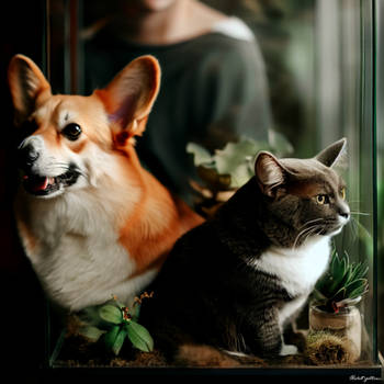 corgi and cat sit in terrarium with plants