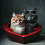 two cats sit in a heart shaped box