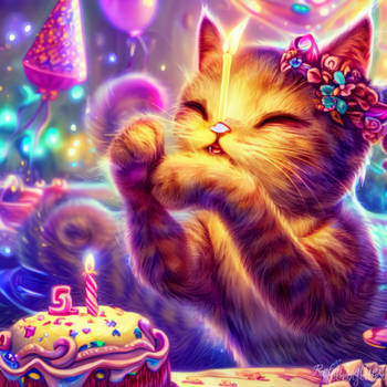 cat blows candle at birthday party