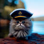 cat with captain hat on a lake