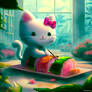 Hello Kitty eats sushi in greenhouse