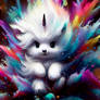 furry chibi white unicorn in an explosion of color