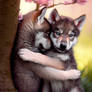 two wolf cubs hugging cherry tree