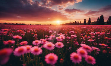 Sunset over meadow with flowers wallpaper