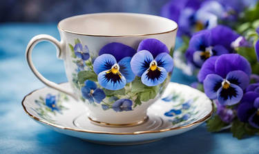 Tea cup decorated with blue pansies wallpaper