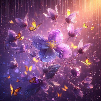 purple flowers in the rain with butterflies digita