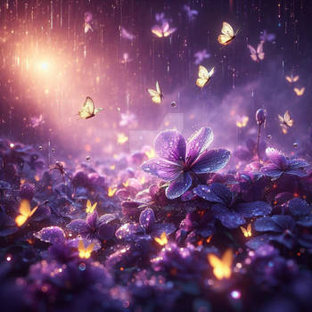 purple flowers in the rain with butterflies digita