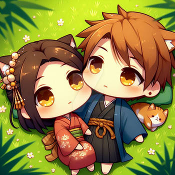 chibified couple lays in the grass cuddled up