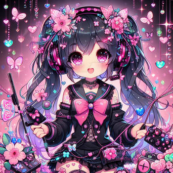 gamergirl with black hair decorated blossoms kawai