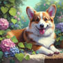 gorgeous corgi in pastels with climbing plant oil