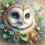 gorgeous owl in pastels with climbing plant oil pa