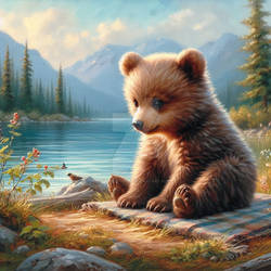 sweet bear cub by the lake oil painting cute