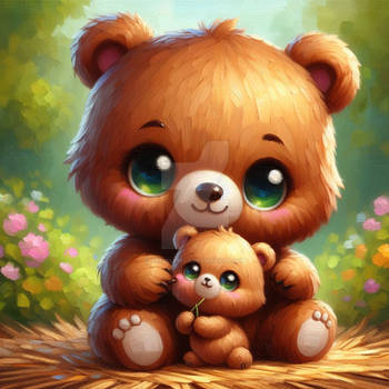 An adorable chibi mother bear with her cub oil pai