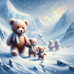 Teddy bear family in a snow storm