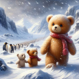 Teddy bear family in a snow storm