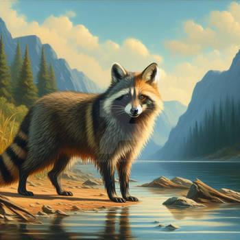 A half raccoon , half fox, standing at the waters