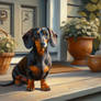 dachshund sits on porch oil painting
