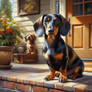 dachshund sits on porch oil painting