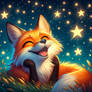 happy fox looks up at night sky digital art