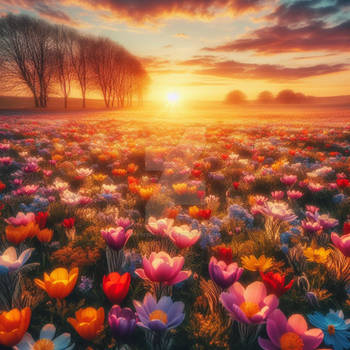 flower field in sunset digital art