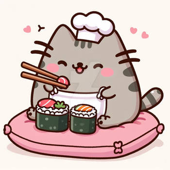 pusheen prepares sushi digital art