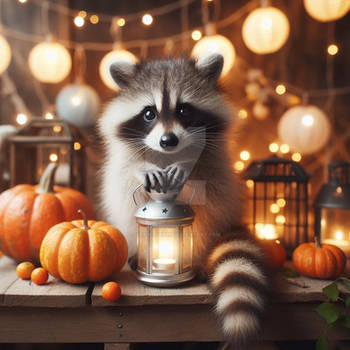 sweet raccoon with pumpkins