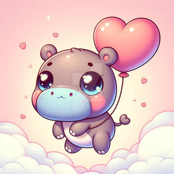 chibified hippo with heart balloon digital art