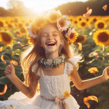 girl with sunflower garland in field digital art