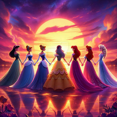 sunset disney princesses digital art nature